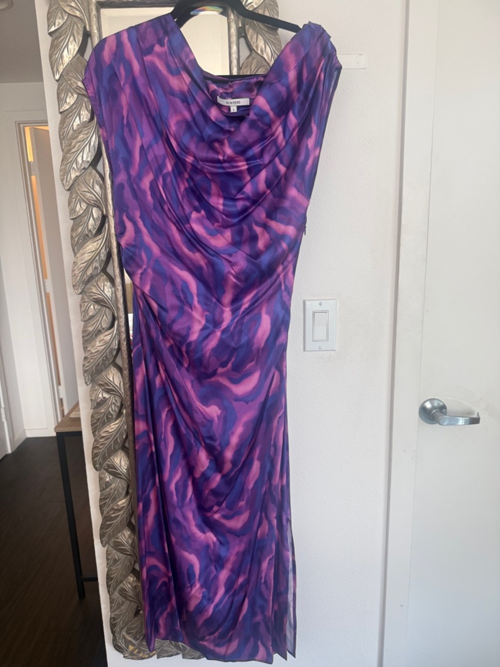 Cowl Neck Maxi Dress in Purple & Pink Abstract Print